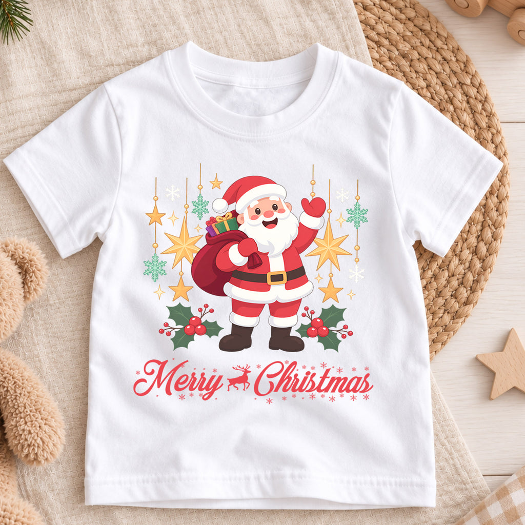 Merry Christmas Santa Kids Shirt, Classic Santa Holiday Tee, Christmas Stars Outfit for Boys Girls, Cute Festive Christmas Gift for Kids — product view 3