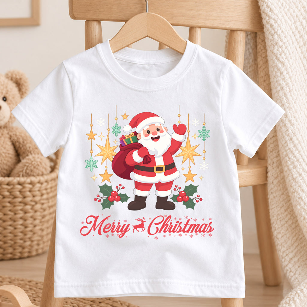 Merry Christmas Santa Kids Shirt, Classic Santa Holiday Tee, Christmas Stars Outfit for Boys Girls, Cute Festive Christmas Gift for Kids — product view 4