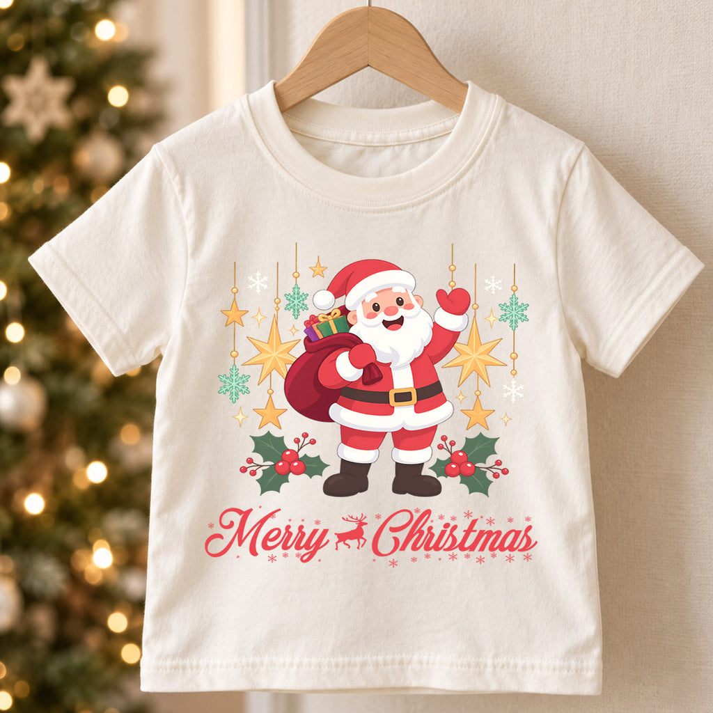 Merry Christmas Santa Kids Shirt, Classic Santa Holiday Tee, Christmas Stars Outfit for Boys Girls, Cute Festive Christmas Gift for Kids — product view 5