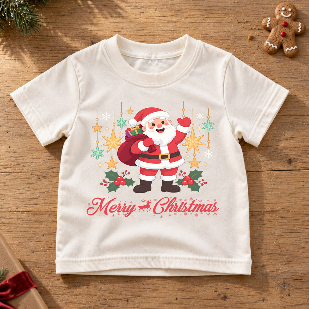 Merry Christmas Santa Kids Shirt, Classic Santa Holiday Tee, Christmas Stars Outfit for Boys Girls, Cute Festive Christmas Gift for Kids — product view 6