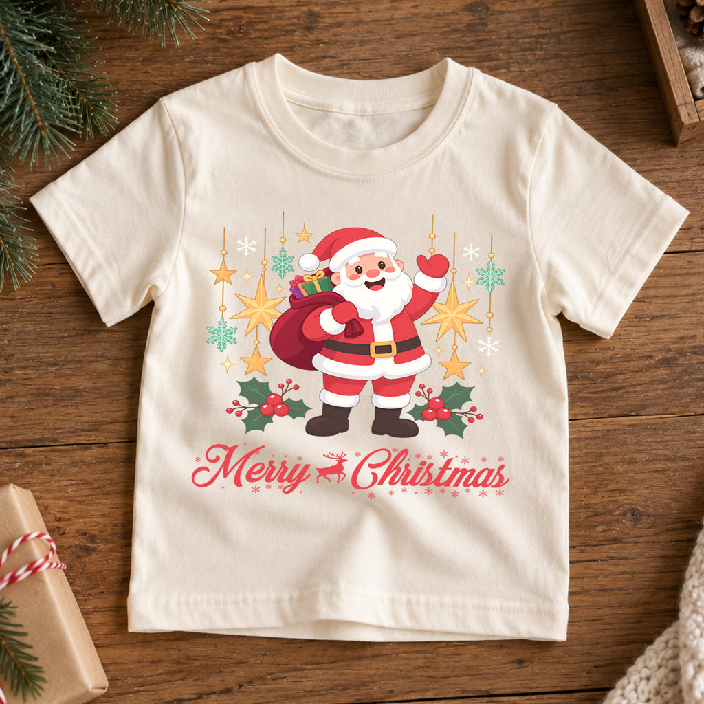 Merry Christmas Santa Kids Shirt, Classic Santa Holiday Tee, Christmas Stars Outfit for Boys Girls, Cute Festive Christmas Gift for Kids — product view 7