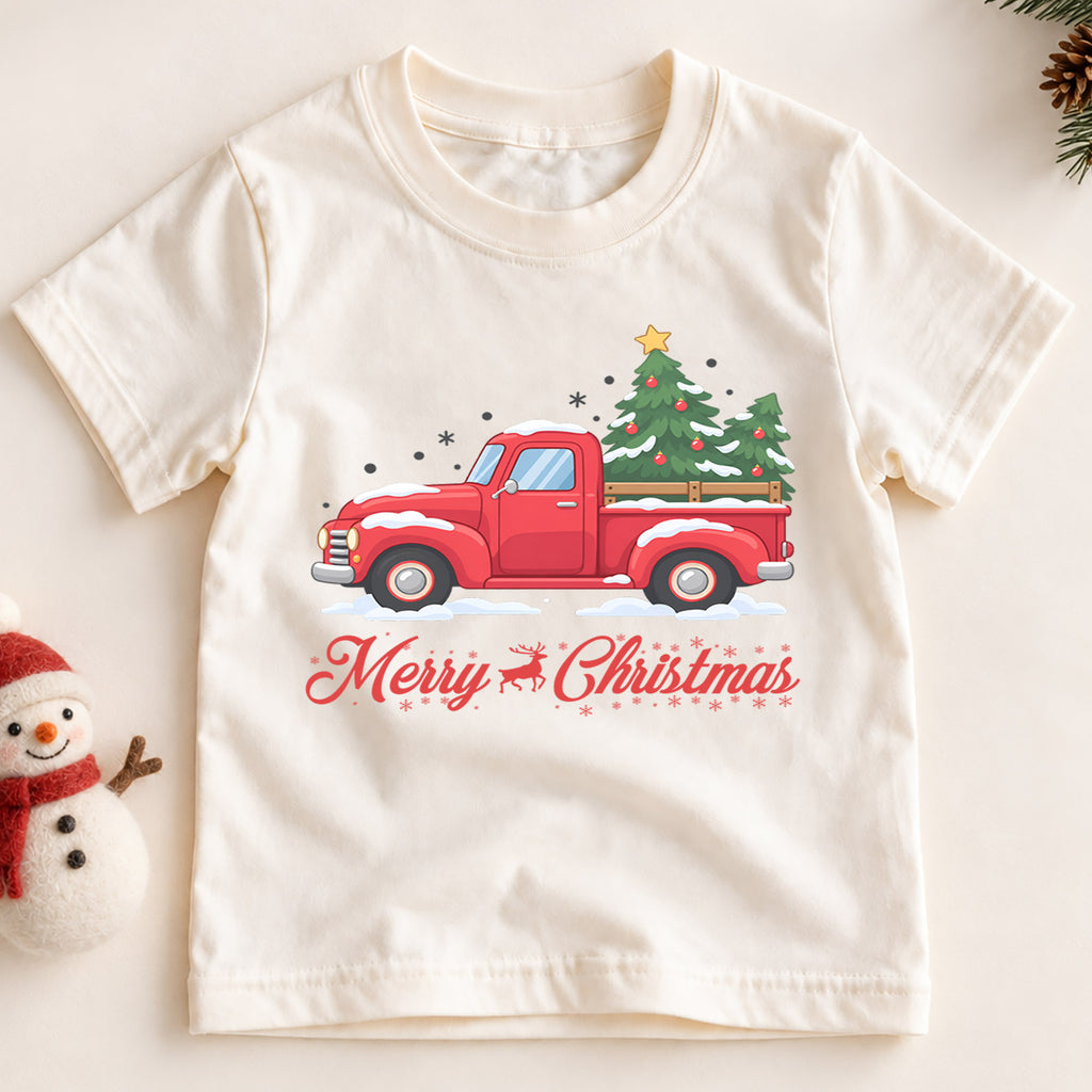 Merry Christmas Red Truck Kids Shirt, Snowy Christmas Tree Pickup Tee, Vintage Holiday Outfit for Boys Girls, Cute Christmas Gift for Kids — product view 2