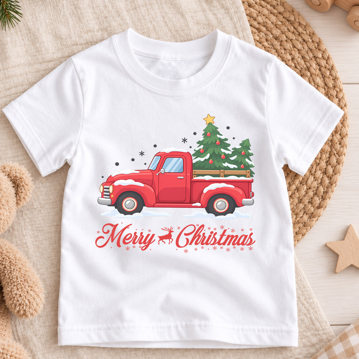 Merry Christmas Red Truck Kids Shirt, Snowy Christmas Tree Pickup Tee, Vintage Holiday Outfit for Boys Girls, Cute Christmas Gift for Kids — product view 3