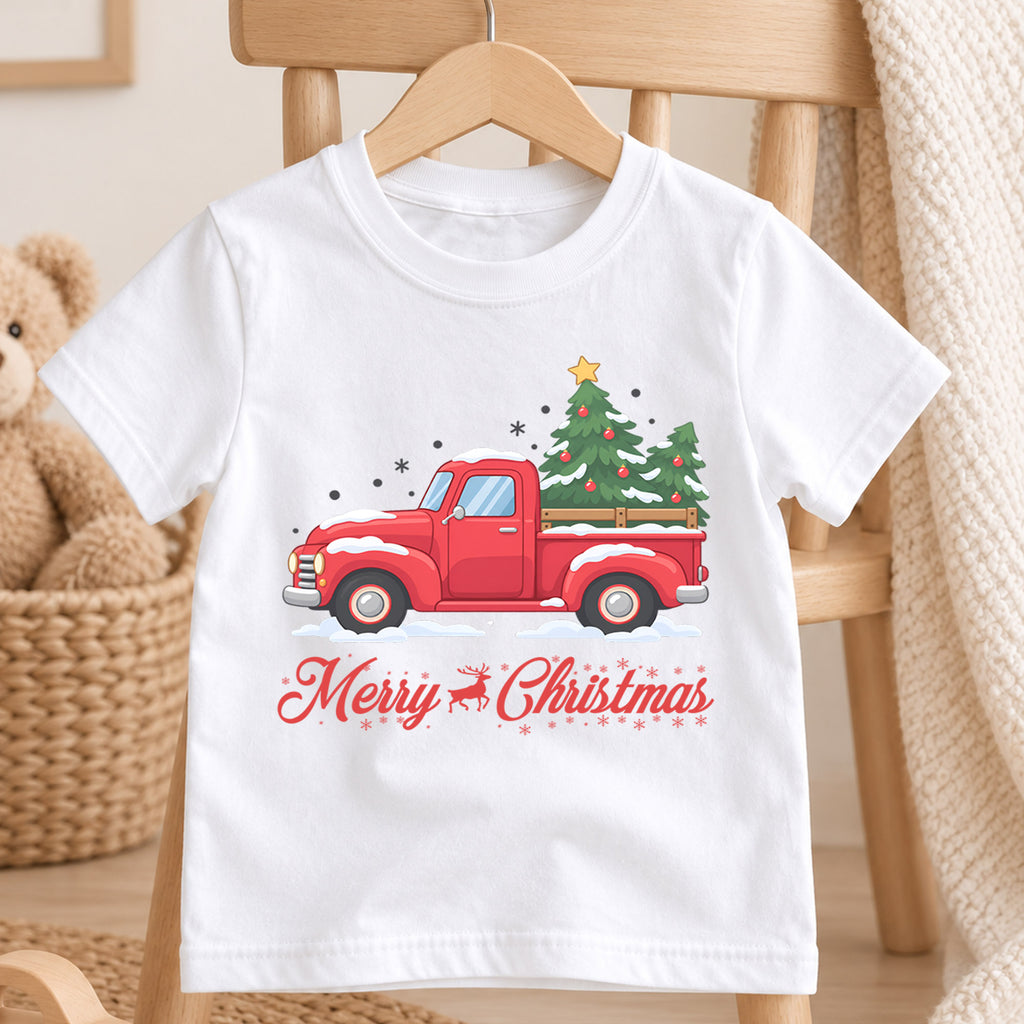 Merry Christmas Red Truck Kids Shirt, Snowy Christmas Tree Pickup Tee, Vintage Holiday Outfit for Boys Girls, Cute Christmas Gift for Kids — product view 4