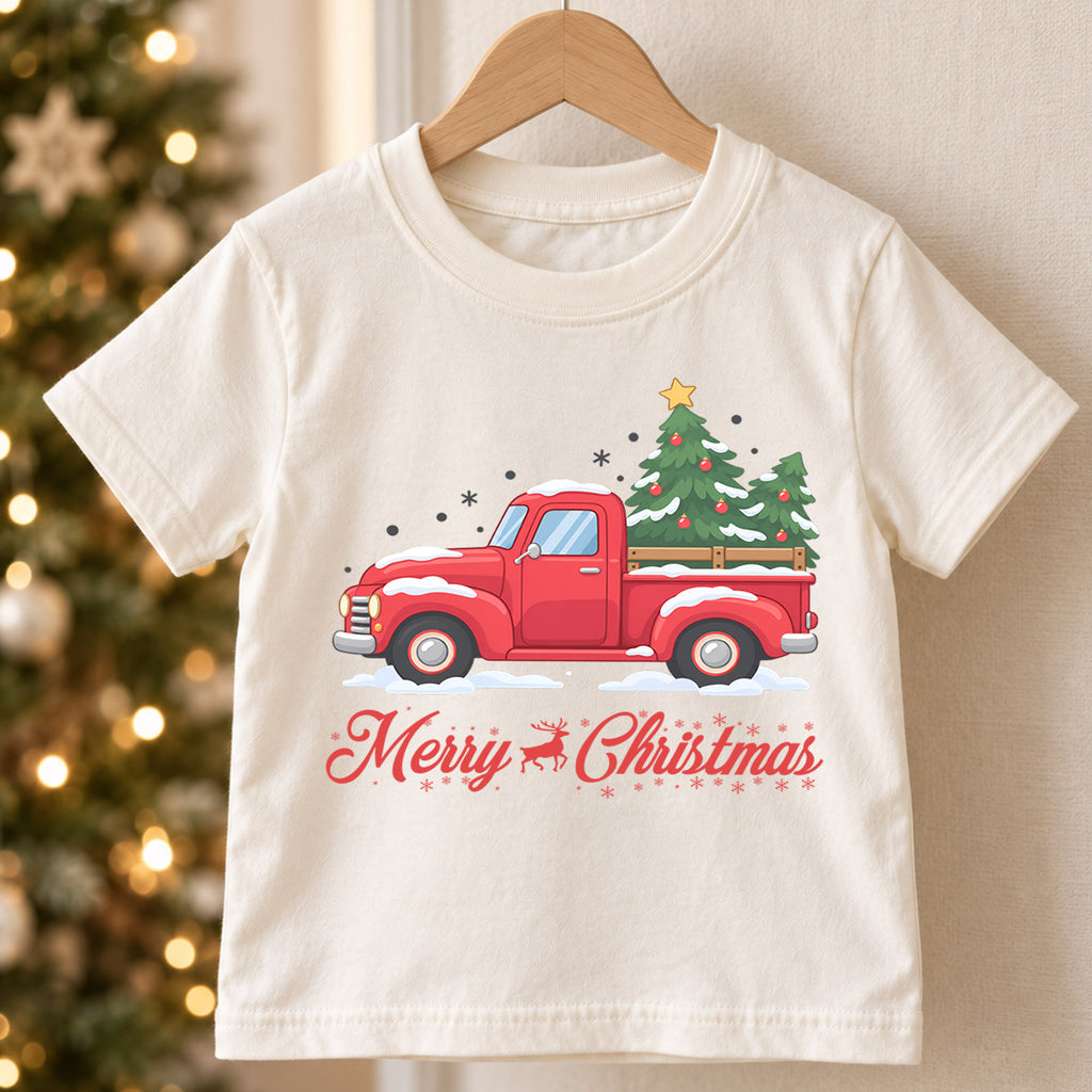 Merry Christmas Red Truck Kids Shirt, Snowy Christmas Tree Pickup Tee, Vintage Holiday Outfit for Boys Girls, Cute Christmas Gift for Kids — product view 5