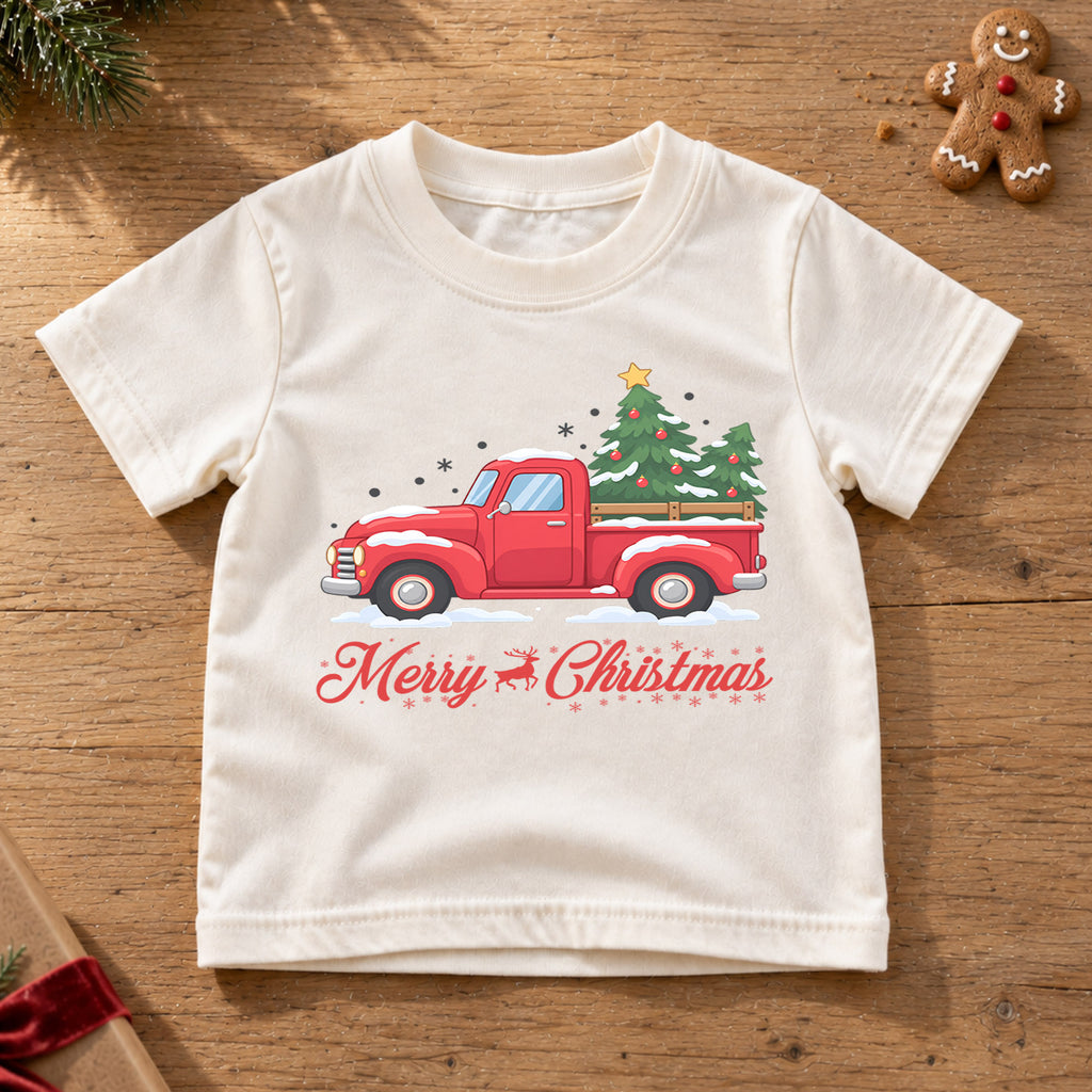 Merry Christmas Red Truck Kids Shirt, Snowy Christmas Tree Pickup Tee, Vintage Holiday Outfit for Boys Girls, Cute Christmas Gift for Kids — product view 6