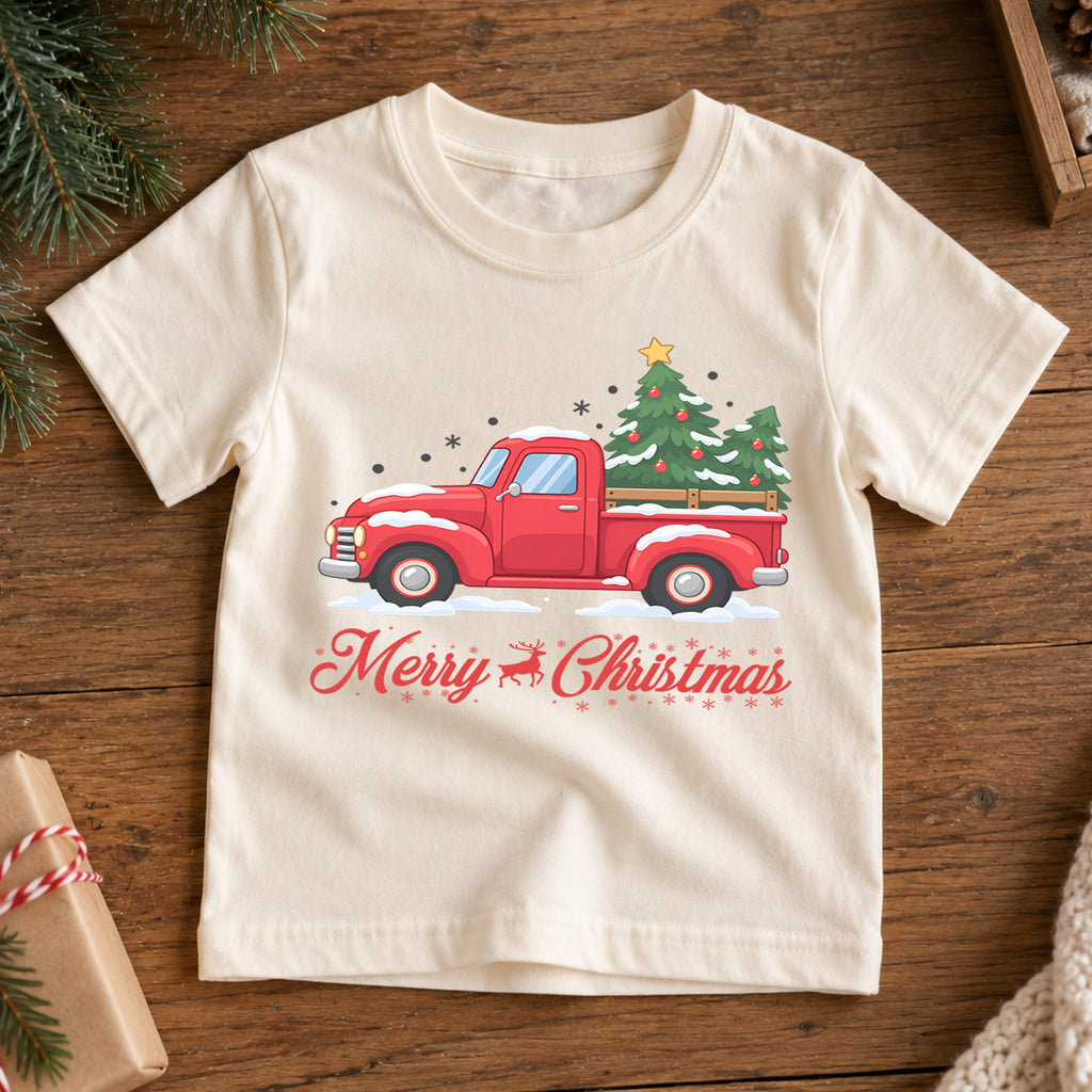 Merry Christmas Red Truck Kids Shirt, Snowy Christmas Tree Pickup Tee, Vintage Holiday Outfit for Boys Girls, Cute Christmas Gift for Kids — product view 7