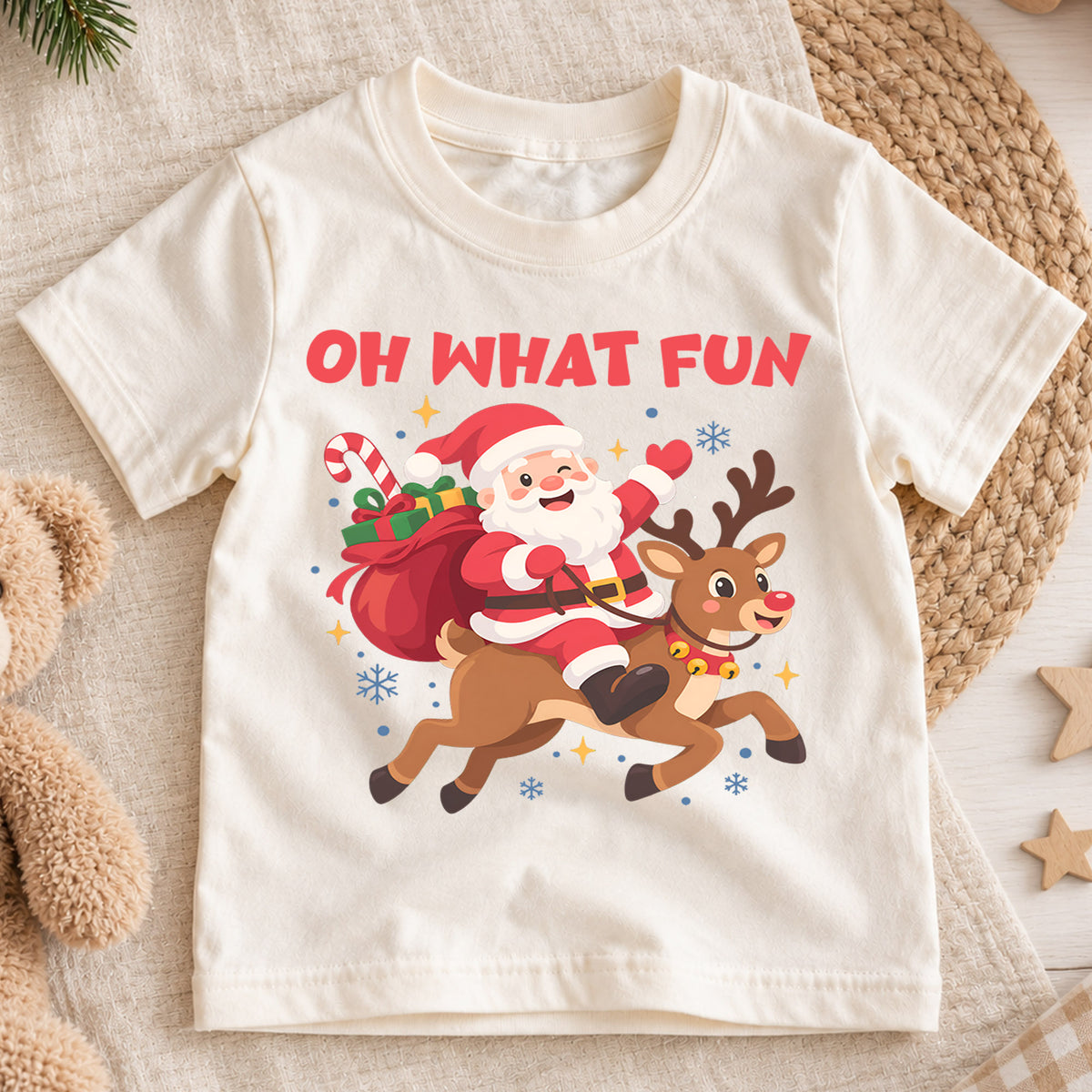Oh What Fun Kids Christmas Shirt, Santa Riding Reindeer Tee, Cute Holiday Outfit for Boys Girls, Funny Festive Christmas Gift for Kids — product view 1