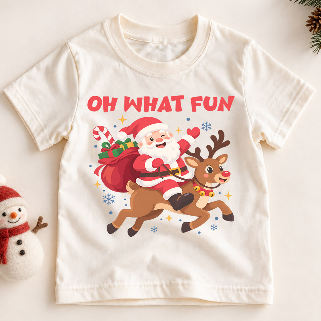 Oh What Fun Kids Christmas Shirt, Santa Riding Reindeer Tee, Cute Holiday Outfit for Boys Girls, Funny Festive Christmas Gift for Kids — product view 2