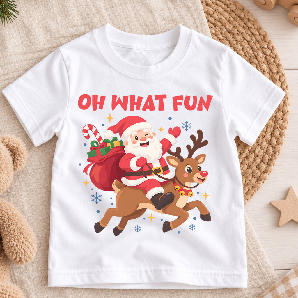 Oh What Fun Kids Christmas Shirt, Santa Riding Reindeer Tee, Cute Holiday Outfit for Boys Girls, Funny Festive Christmas Gift for Kids — product view 3