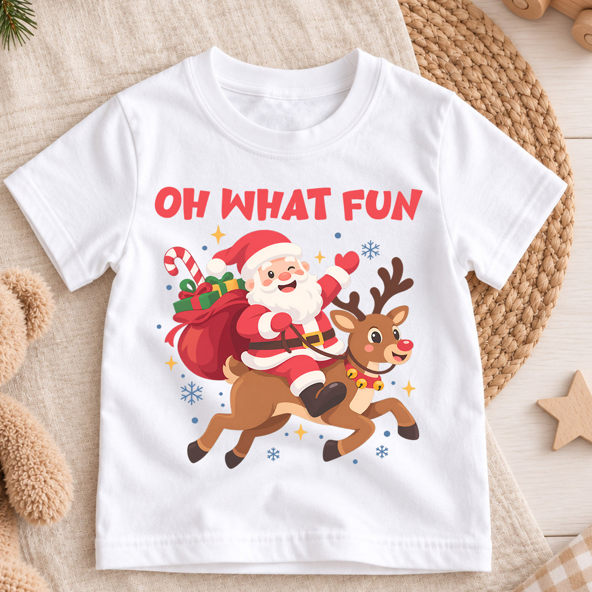 Oh What Fun Kids Christmas Shirt, Santa Riding Reindeer Tee, Cute Holiday Outfit for Boys Girls, Funny Festive Christmas Gift for Kids — product view 3