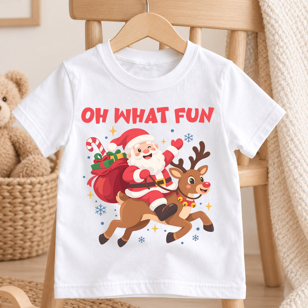 Oh What Fun Kids Christmas Shirt, Santa Riding Reindeer Tee, Cute Holiday Outfit for Boys Girls, Funny Festive Christmas Gift for Kids — product view 4