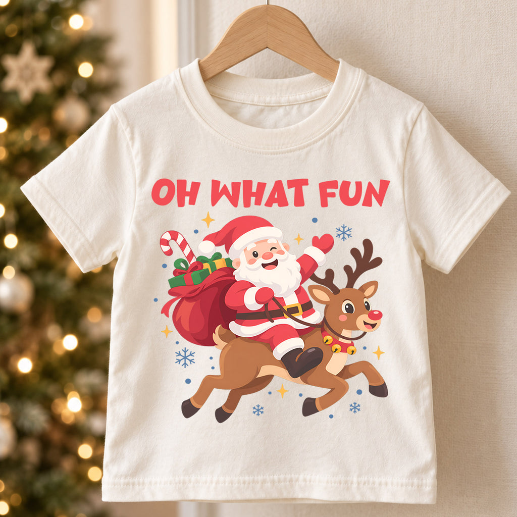 Oh What Fun Kids Christmas Shirt, Santa Riding Reindeer Tee, Cute Holiday Outfit for Boys Girls, Funny Festive Christmas Gift for Kids — product view 5