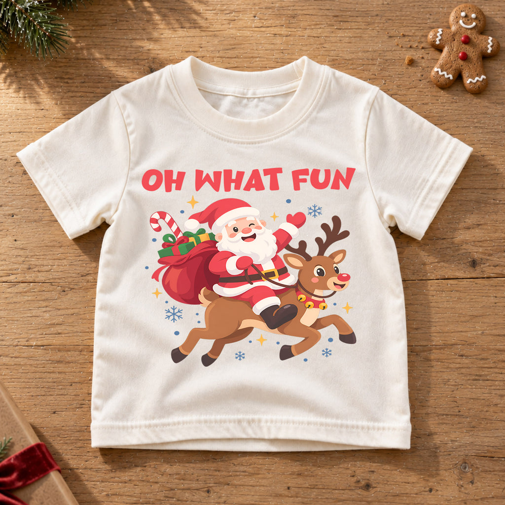 Oh What Fun Kids Christmas Shirt, Santa Riding Reindeer Tee, Cute Holiday Outfit for Boys Girls, Funny Festive Christmas Gift for Kids — product view 6