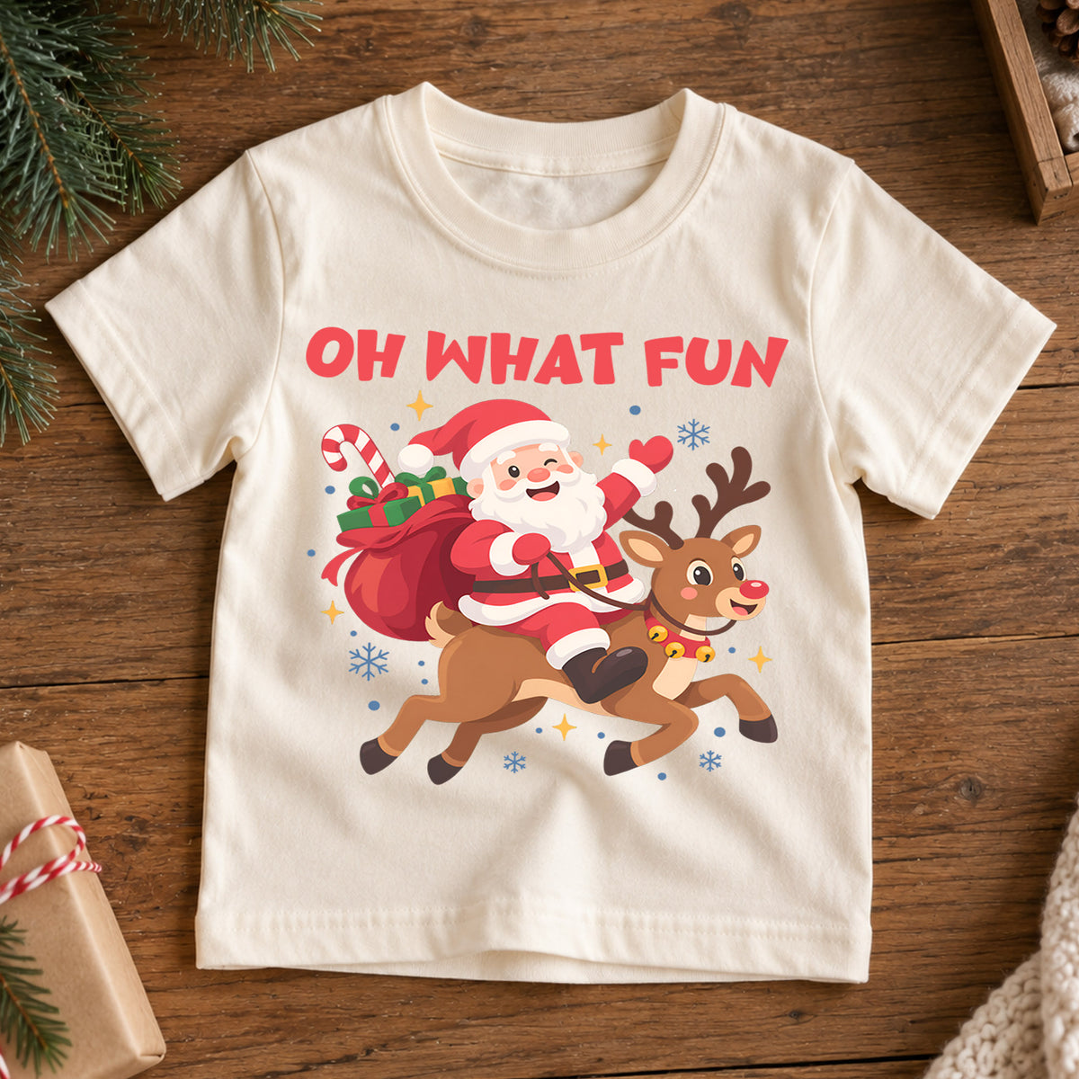Oh What Fun Kids Christmas Shirt, Santa Riding Reindeer Tee, Cute Holiday Outfit for Boys Girls, Funny Festive Christmas Gift for Kids — product view 7