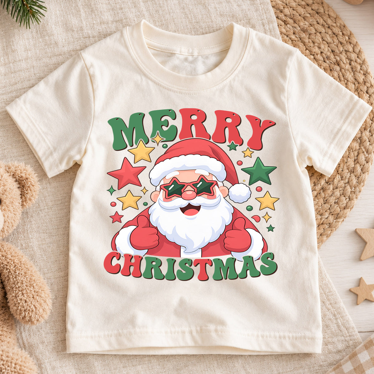 Merry Christmas Santa Kids Shirt, Santa Star Sunglasses Tee, Funny Holiday Outfit for Boys Girls, Cool Festive Christmas Gift for Kids — product view 1