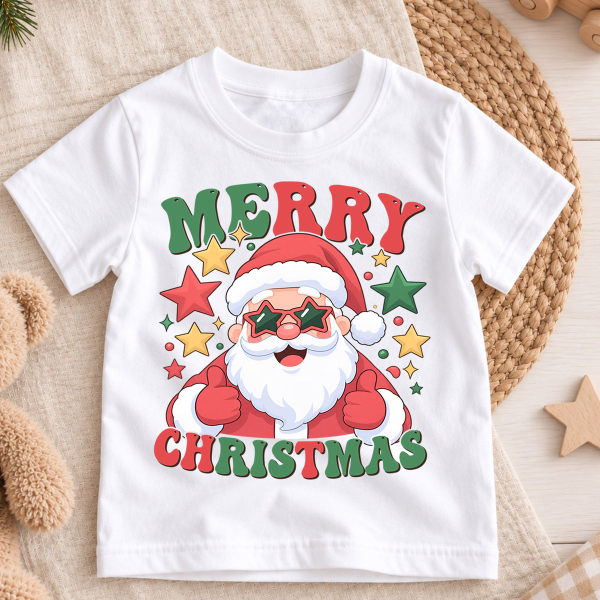 Merry Christmas Santa Kids Shirt, Santa Star Sunglasses Tee, Funny Holiday Outfit for Boys Girls, Cool Festive Christmas Gift for Kids — product view 3