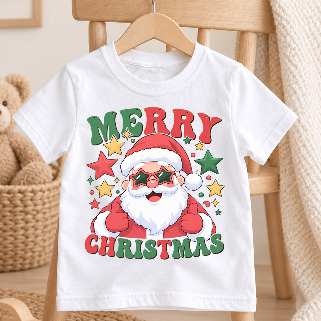 Merry Christmas Santa Kids Shirt, Santa Star Sunglasses Tee, Funny Holiday Outfit for Boys Girls, Cool Festive Christmas Gift for Kids — product view 4