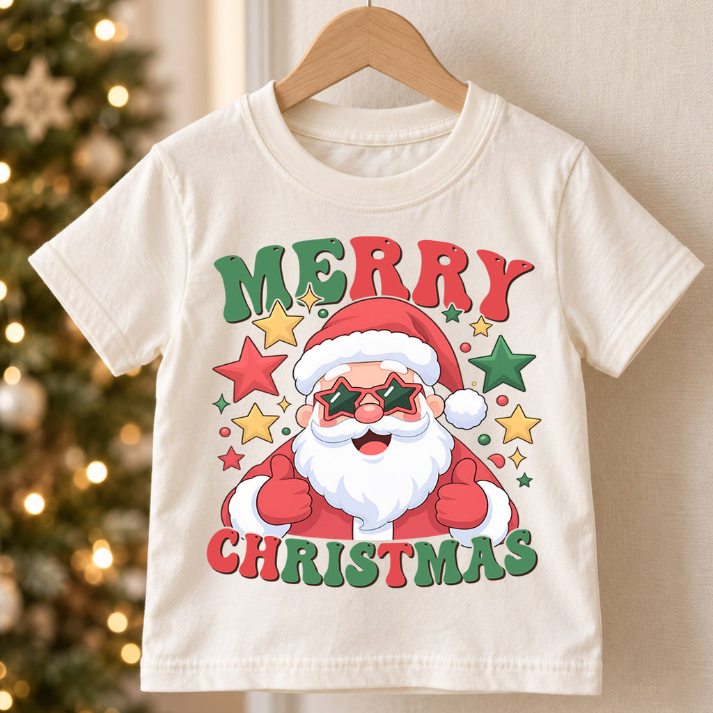 Merry Christmas Santa Kids Shirt, Santa Star Sunglasses Tee, Funny Holiday Outfit for Boys Girls, Cool Festive Christmas Gift for Kids — product view 5