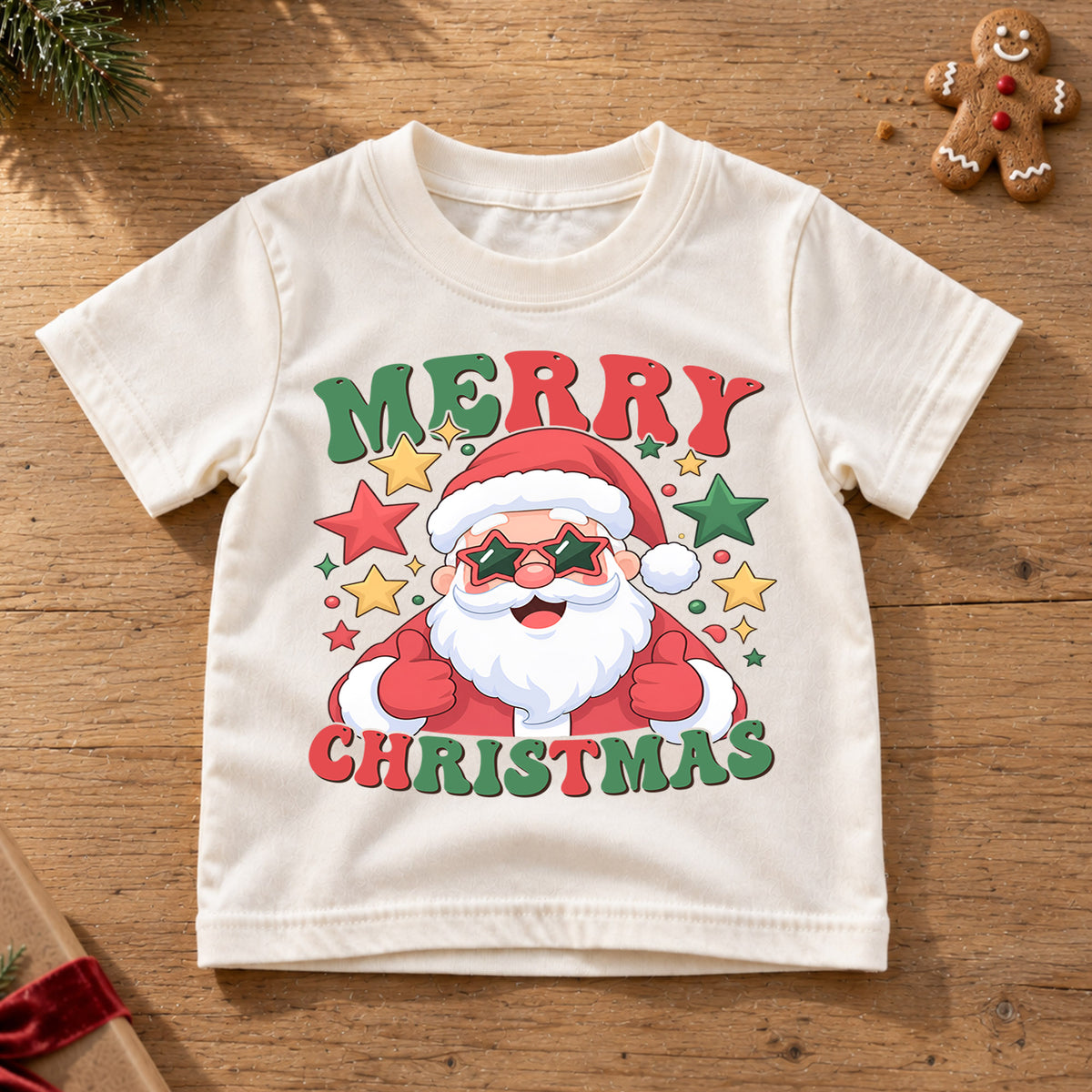 Merry Christmas Santa Kids Shirt, Santa Star Sunglasses Tee, Funny Holiday Outfit for Boys Girls, Cool Festive Christmas Gift for Kids — product view 6