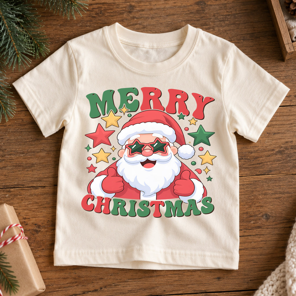 Merry Christmas Santa Kids Shirt, Santa Star Sunglasses Tee, Funny Holiday Outfit for Boys Girls, Cool Festive Christmas Gift for Kids — product view 7
