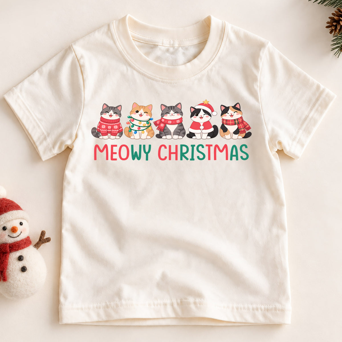 Meowy Christmas Kids Shirt, Cute Christmas Cat Tee, Holiday Kitty Outfit for Boys Girls, Funny Cat Lover Christmas Gift for Little Kids — product view 2