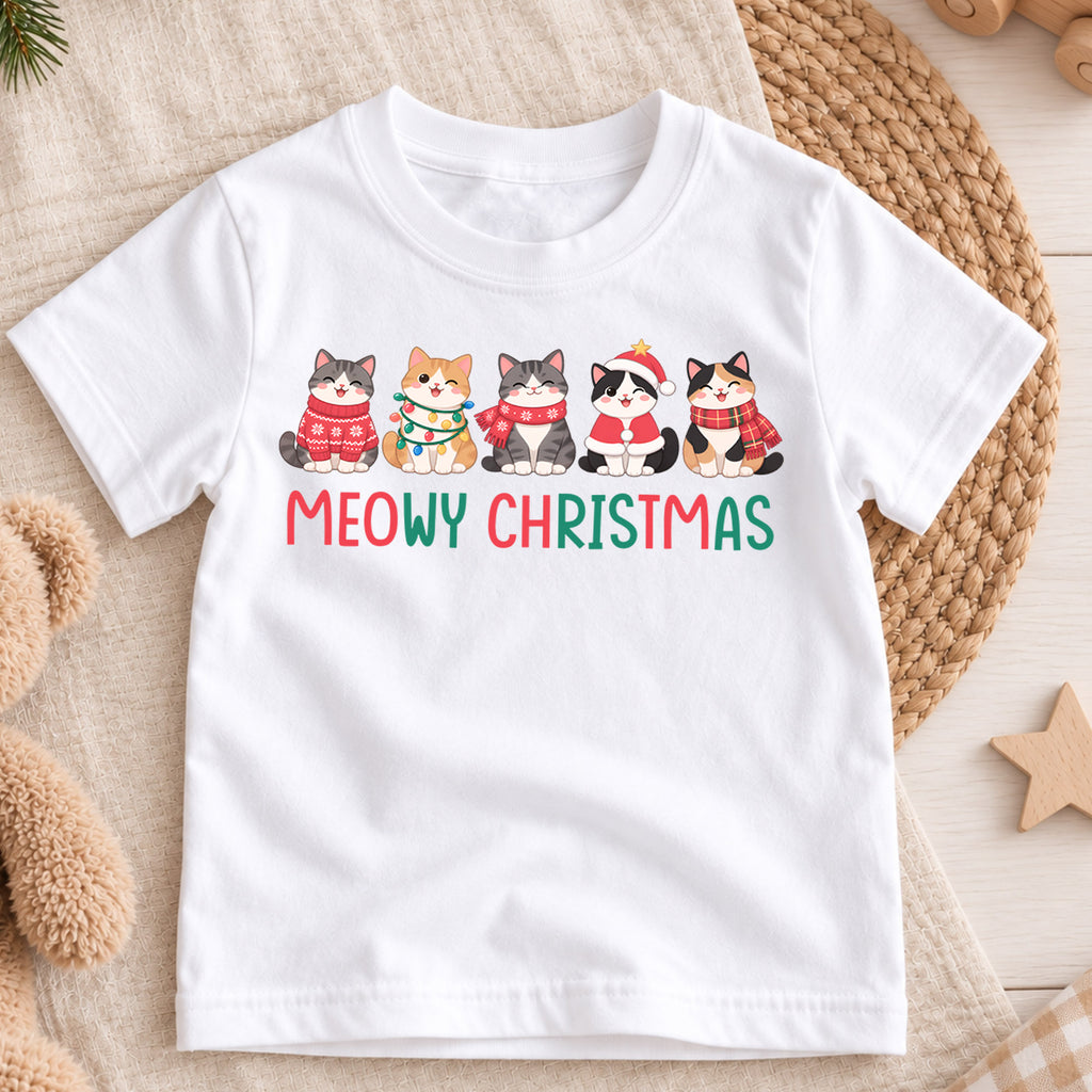 Meowy Christmas Kids Shirt, Cute Christmas Cat Tee, Holiday Kitty Outfit for Boys Girls, Funny Cat Lover Christmas Gift for Little Kids — product view 3