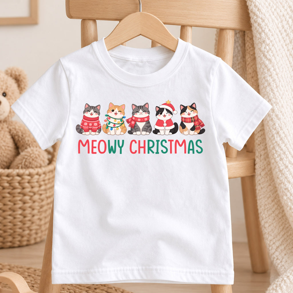 Meowy Christmas Kids Shirt, Cute Christmas Cat Tee, Holiday Kitty Outfit for Boys Girls, Funny Cat Lover Christmas Gift for Little Kids — product view 4