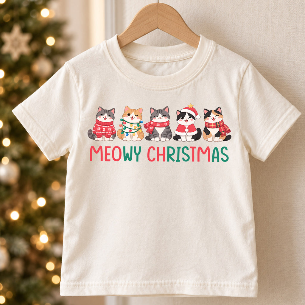 Meowy Christmas Kids Shirt, Cute Christmas Cat Tee, Holiday Kitty Outfit for Boys Girls, Funny Cat Lover Christmas Gift for Little Kids — product view 5