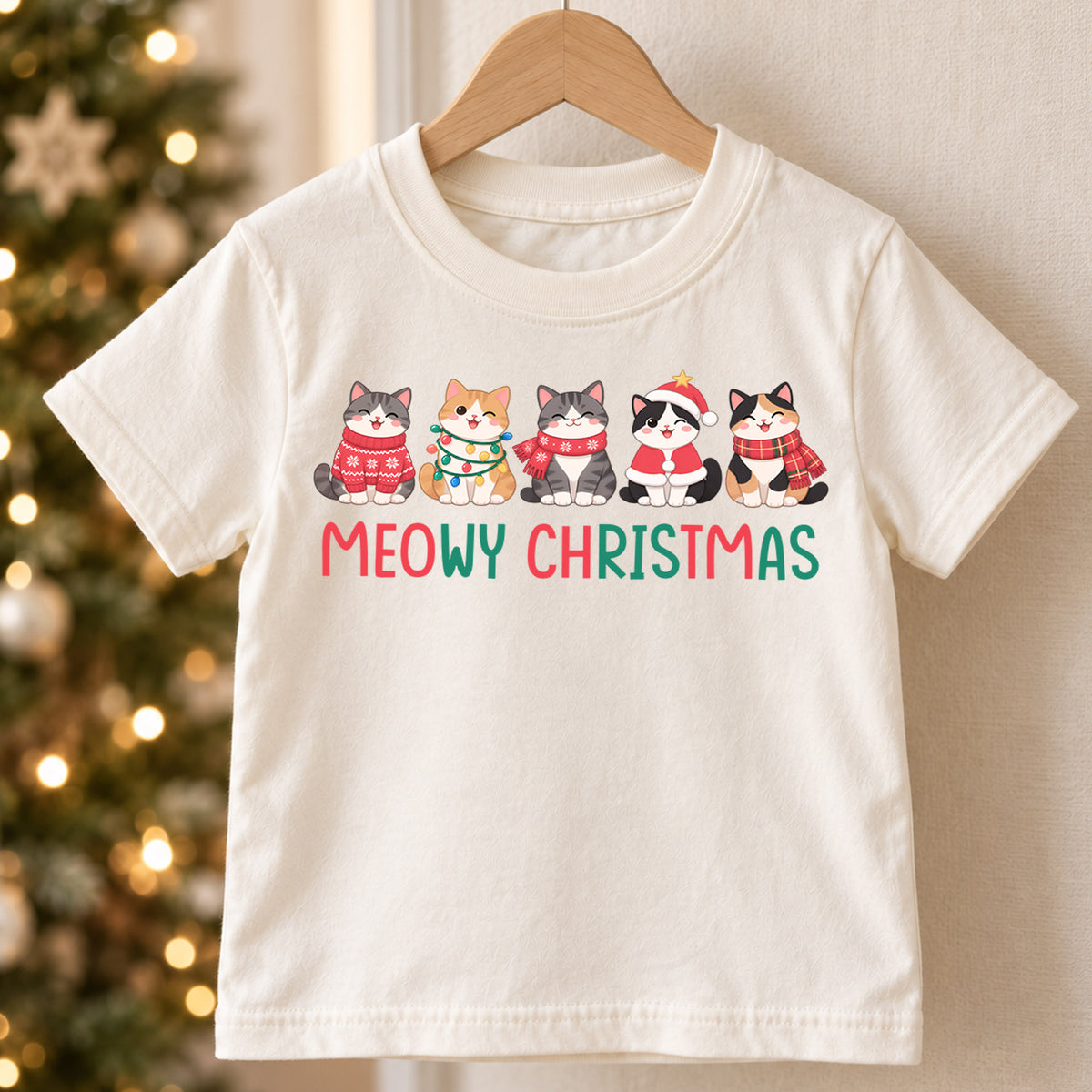Meowy Christmas Kids Shirt, Cute Christmas Cat Tee, Holiday Kitty Outfit for Boys Girls, Funny Cat Lover Christmas Gift for Little Kids — product view 5
