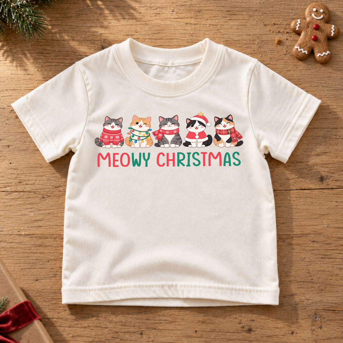 Meowy Christmas Kids Shirt, Cute Christmas Cat Tee, Holiday Kitty Outfit for Boys Girls, Funny Cat Lover Christmas Gift for Little Kids — product view 6