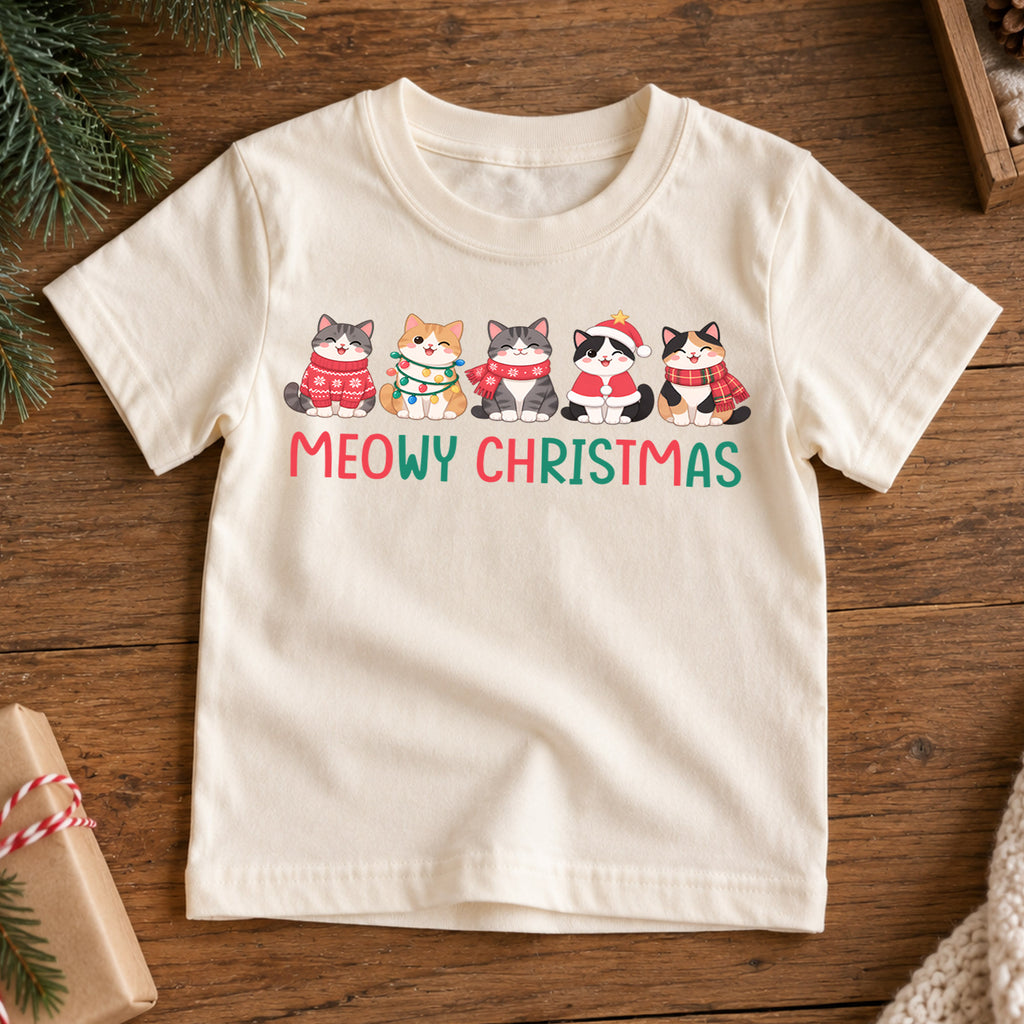 Meowy Christmas Kids Shirt, Cute Christmas Cat Tee, Holiday Kitty Outfit for Boys Girls, Funny Cat Lover Christmas Gift for Little Kids — product view 7