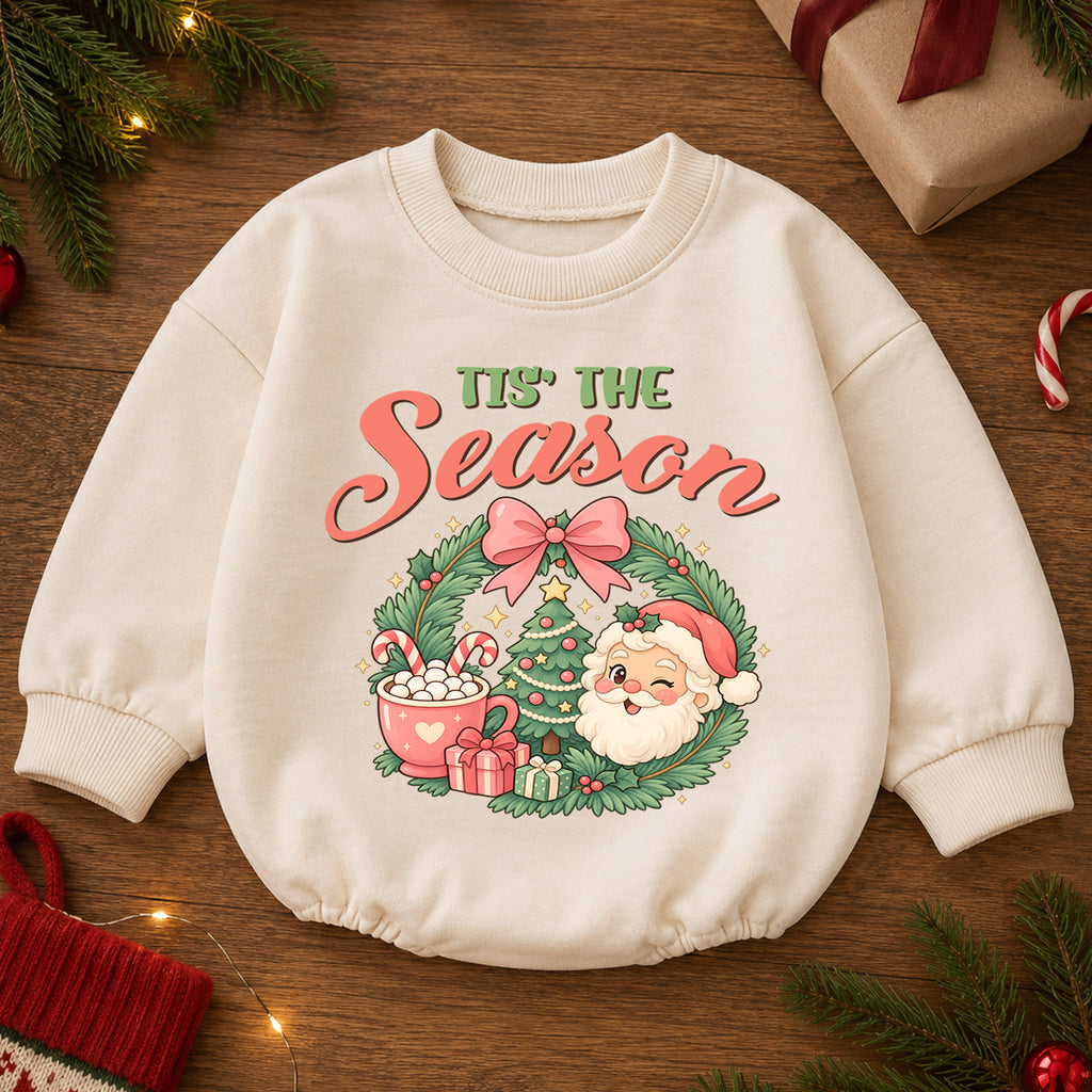 Tis the Season Baby Romper, Baby First Christmas Outfit, Cute Santa Christmas Wreath, Toddler Holiday Outfit, Christmas Baby Gift — product view 2