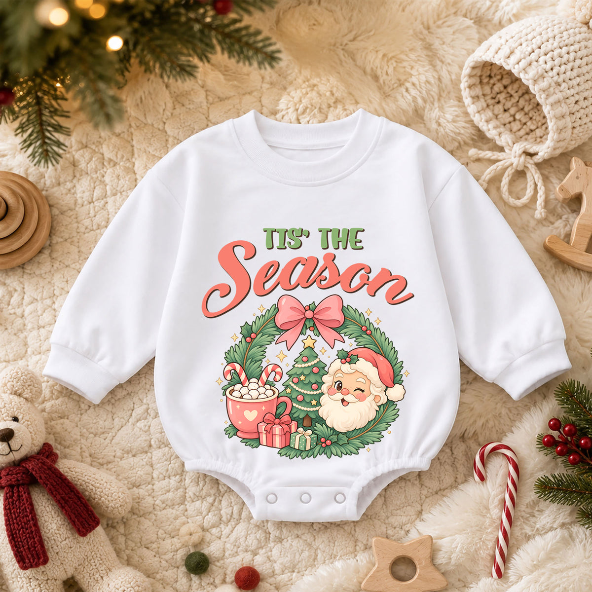Tis the Season Baby Romper, Baby First Christmas Outfit, Cute Santa Christmas Wreath, Toddler Holiday Outfit, Christmas Baby Gift — product view 3