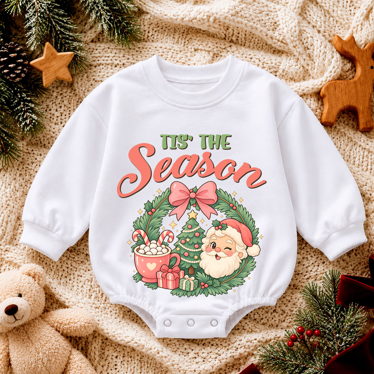 Tis the Season Baby Romper, Baby First Christmas Outfit, Cute Santa Christmas Wreath, Toddler Holiday Outfit, Christmas Baby Gift — product view 4