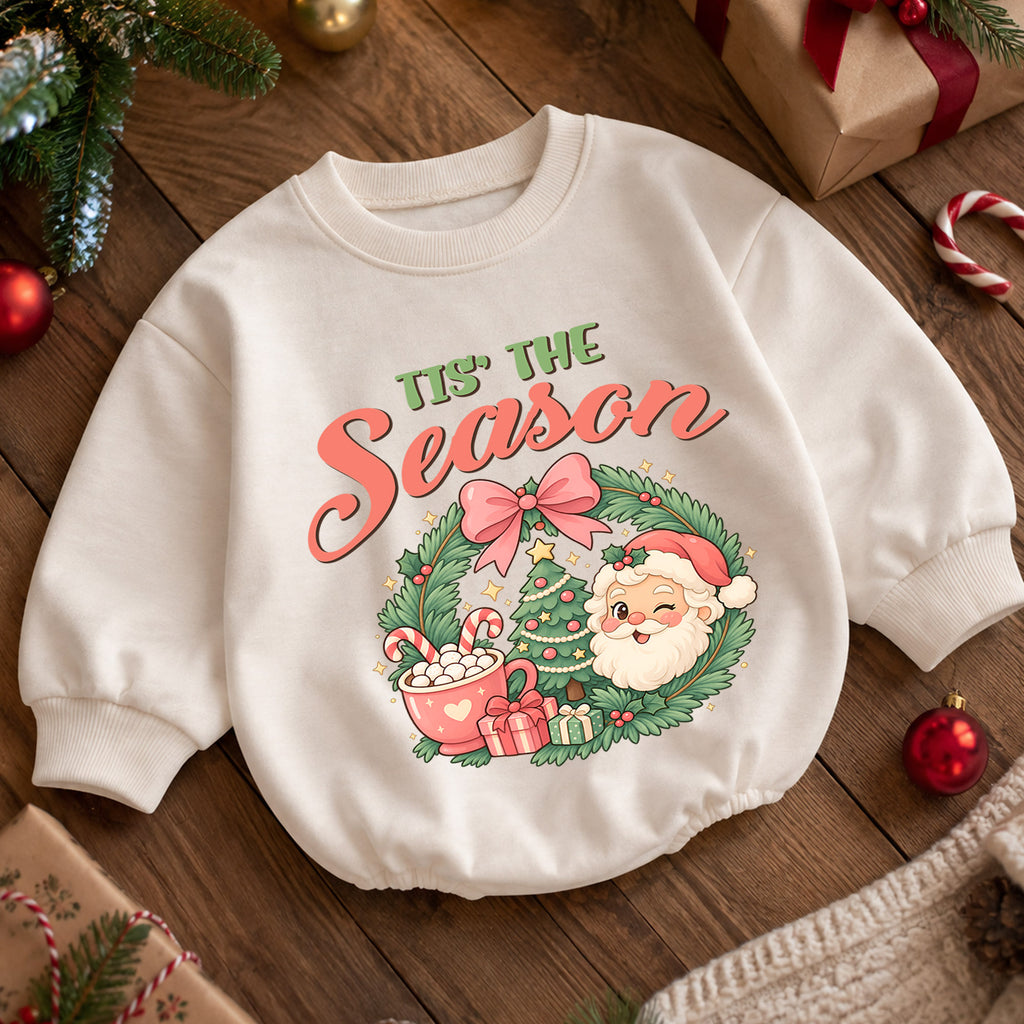 Tis the Season Baby Romper, Baby First Christmas Outfit, Cute Santa Christmas Wreath, Toddler Holiday Outfit, Christmas Baby Gift — product view 5