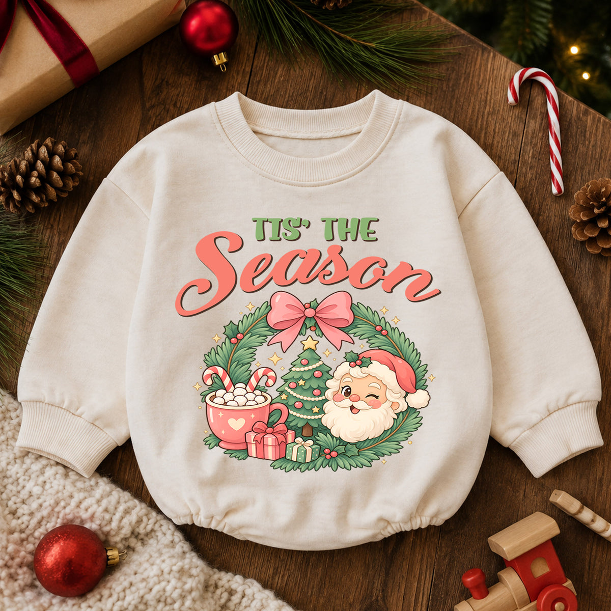 Tis the Season Baby Romper, Baby First Christmas Outfit, Cute Santa Christmas Wreath, Toddler Holiday Outfit, Christmas Baby Gift — product view 6