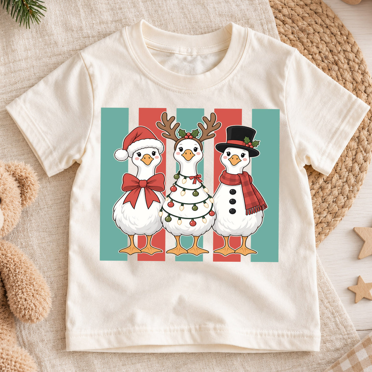 Christmas Goose Kids Shirt, Cute Holiday Goose Trio Tee, Santa Reindeer Snowman Goose Outfit, Funny Christmas Gift for Boys Girls Kids — product view 1