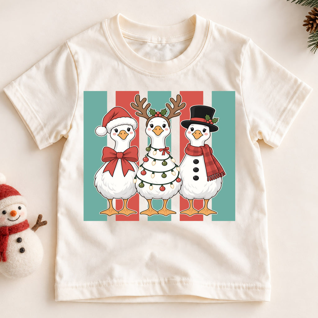 Christmas Goose Kids Shirt, Cute Holiday Goose Trio Tee, Santa Reindeer Snowman Goose Outfit, Funny Christmas Gift for Boys Girls Kids — product view 2