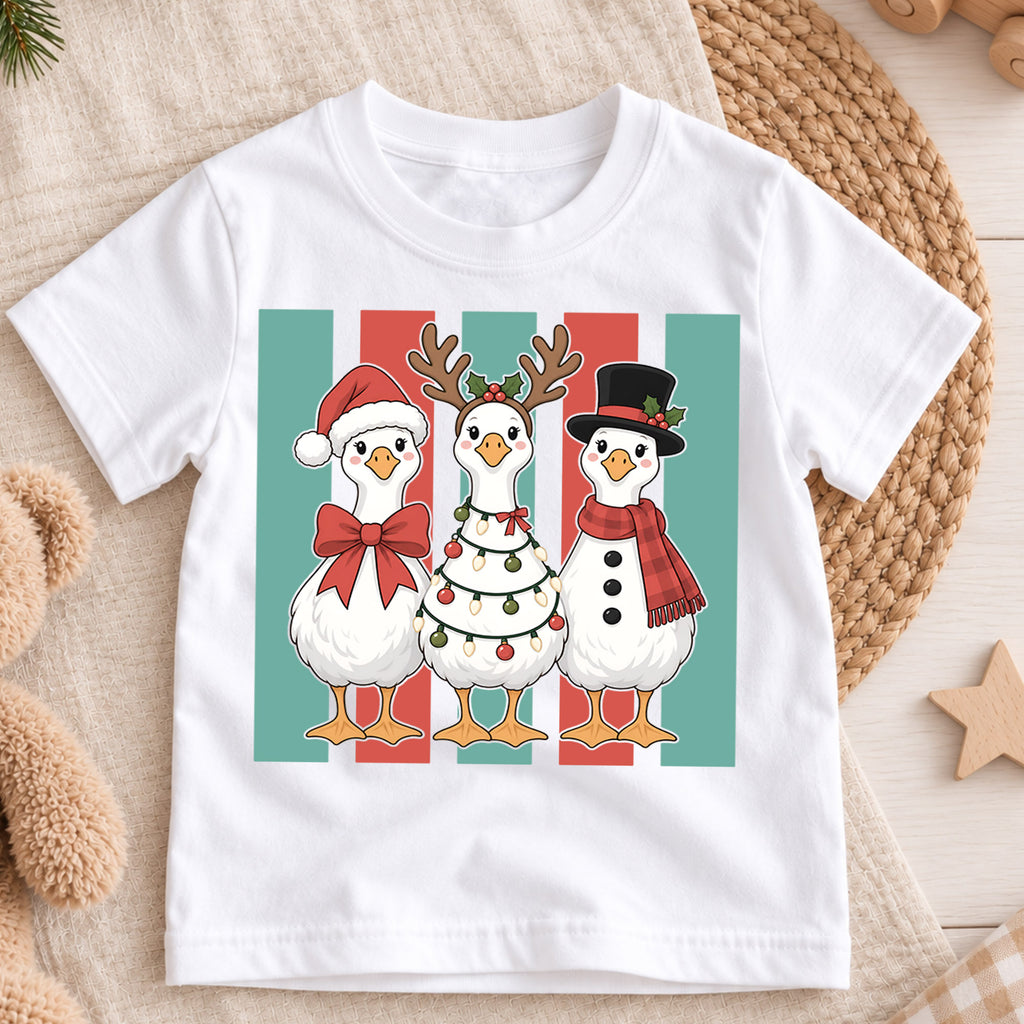 Christmas Goose Kids Shirt, Cute Holiday Goose Trio Tee, Santa Reindeer Snowman Goose Outfit, Funny Christmas Gift for Boys Girls Kids — product view 3