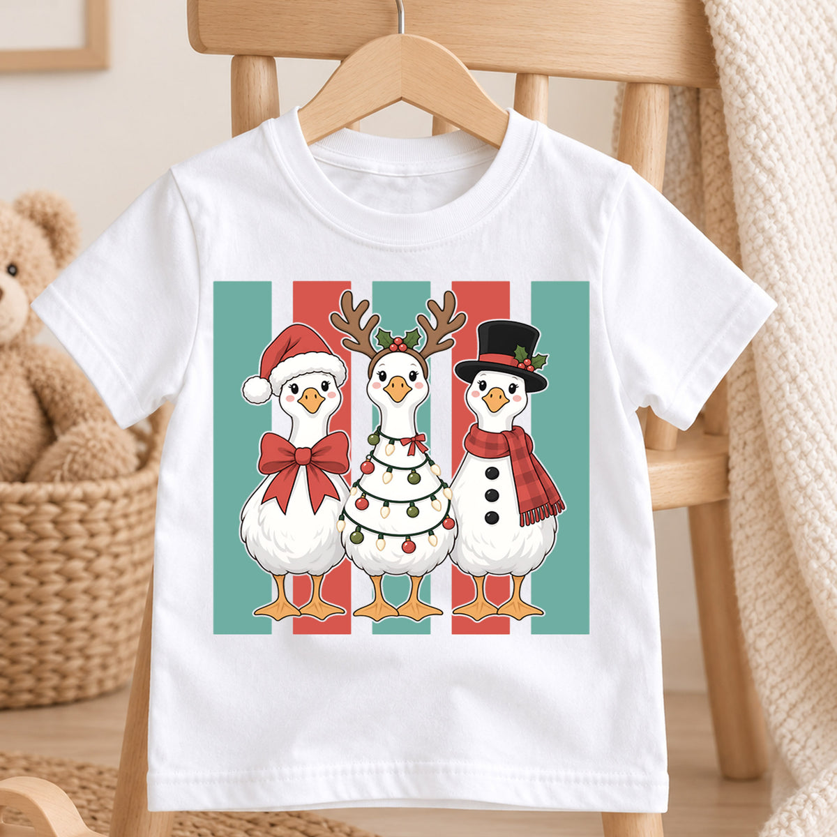 Christmas Goose Kids Shirt, Cute Holiday Goose Trio Tee, Santa Reindeer Snowman Goose Outfit, Funny Christmas Gift for Boys Girls Kids — product view 4