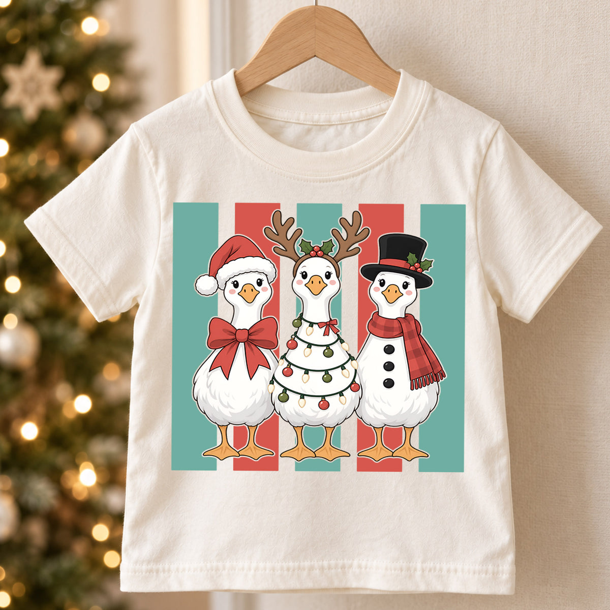 Christmas Goose Kids Shirt, Cute Holiday Goose Trio Tee, Santa Reindeer Snowman Goose Outfit, Funny Christmas Gift for Boys Girls Kids — product view 5