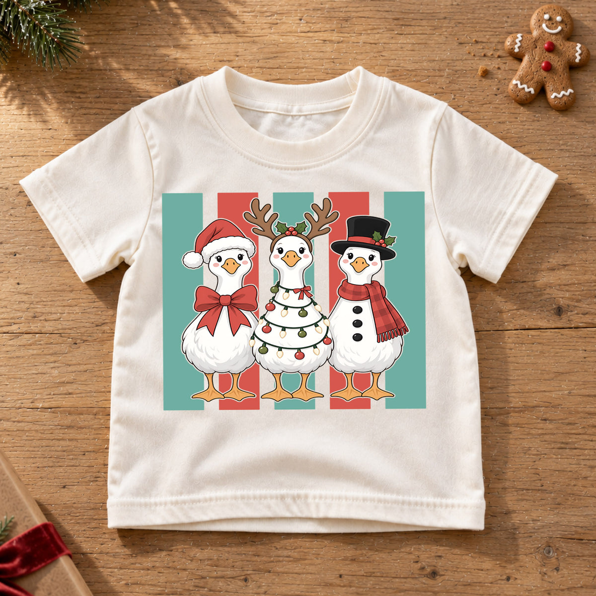 Christmas Goose Kids Shirt, Cute Holiday Goose Trio Tee, Santa Reindeer Snowman Goose Outfit, Funny Christmas Gift for Boys Girls Kids — product view 6