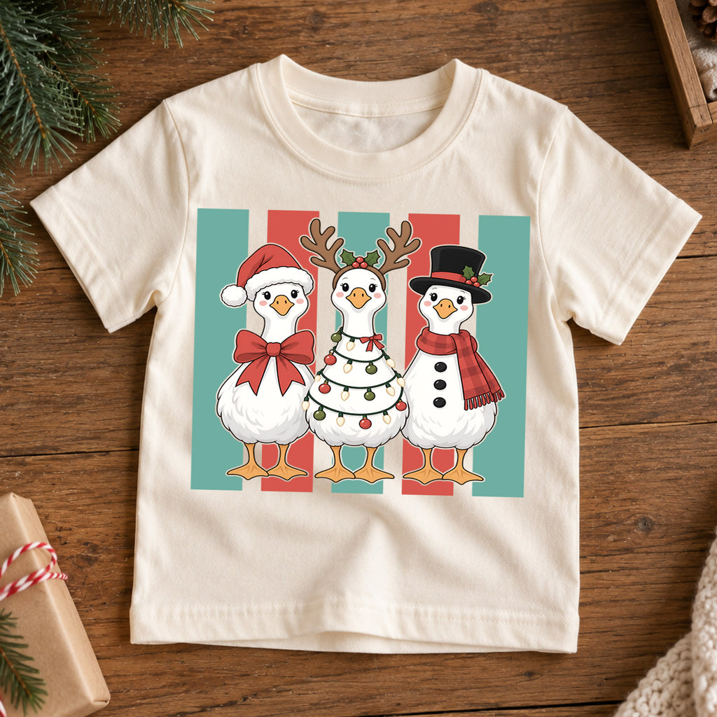 Christmas Goose Kids Shirt, Cute Holiday Goose Trio Tee, Santa Reindeer Snowman Goose Outfit, Funny Christmas Gift for Boys Girls Kids — product view 7