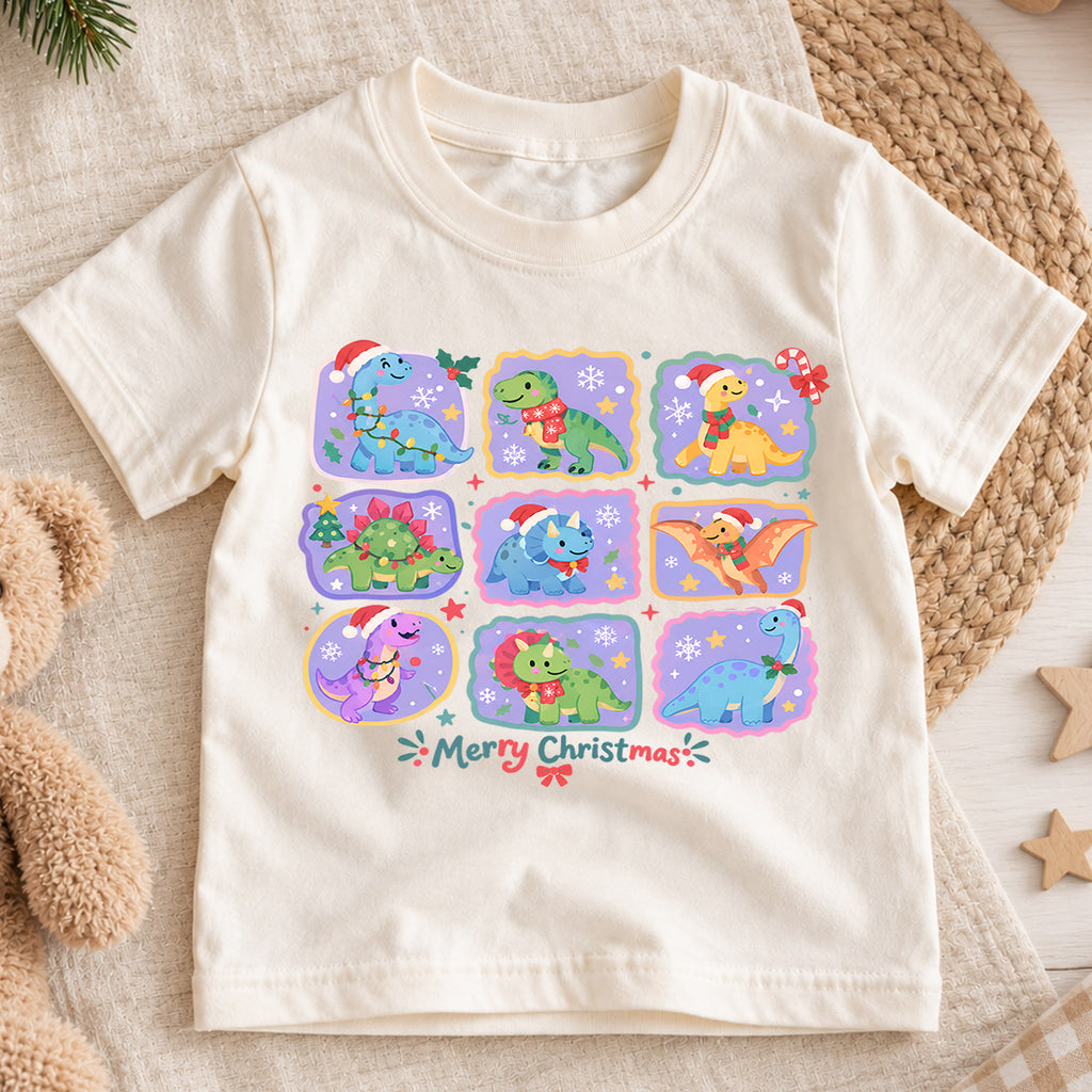 Merry Christmas Dinosaur Kids Shirt, Cute Dino Holiday Collage Tee, Santa Hat Dinosaur Outfit for Boys Girls, Christmas Gift for Kids — product view 1