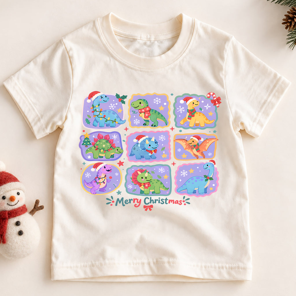 Merry Christmas Dinosaur Kids Shirt, Cute Dino Holiday Collage Tee, Santa Hat Dinosaur Outfit for Boys Girls, Christmas Gift for Kids — product view 2