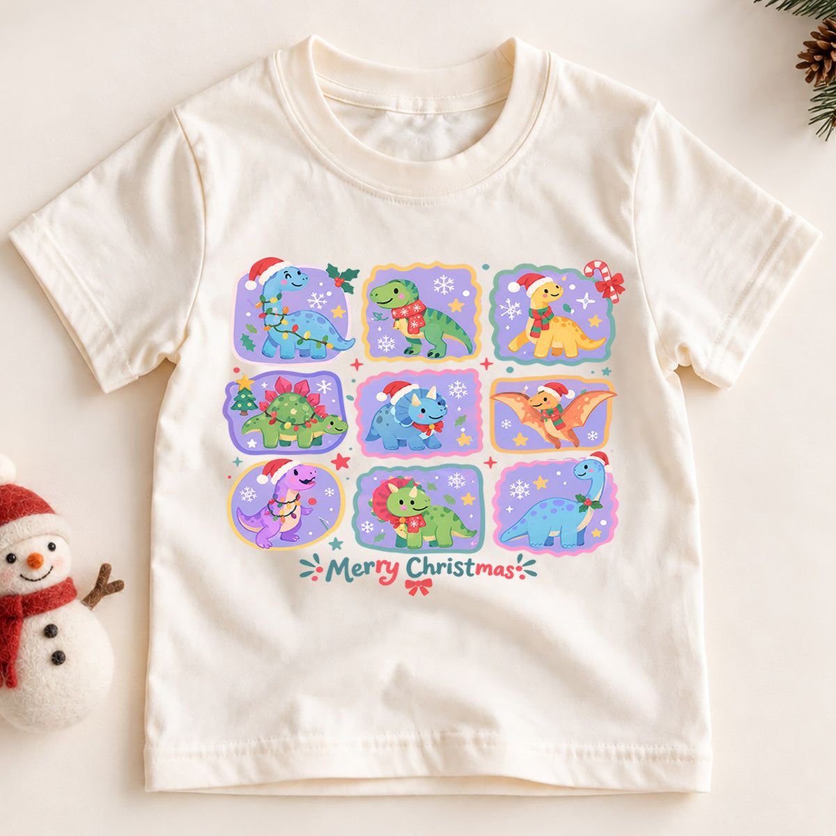 Merry Christmas Dinosaur Kids Shirt, Cute Dino Holiday Collage Tee, Santa Hat Dinosaur Outfit for Boys Girls, Christmas Gift for Kids — product view 2