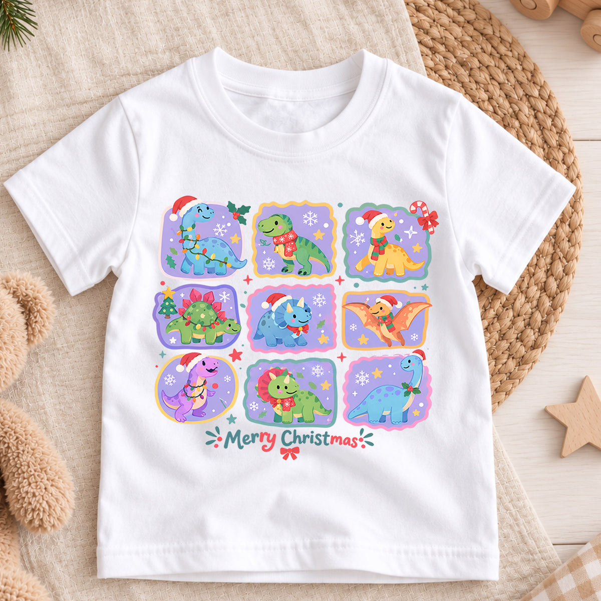 Merry Christmas Dinosaur Kids Shirt, Cute Dino Holiday Collage Tee, Santa Hat Dinosaur Outfit for Boys Girls, Christmas Gift for Kids — product view 3