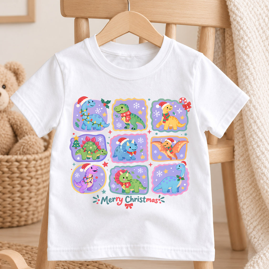 Merry Christmas Dinosaur Kids Shirt, Cute Dino Holiday Collage Tee, Santa Hat Dinosaur Outfit for Boys Girls, Christmas Gift for Kids — product view 4