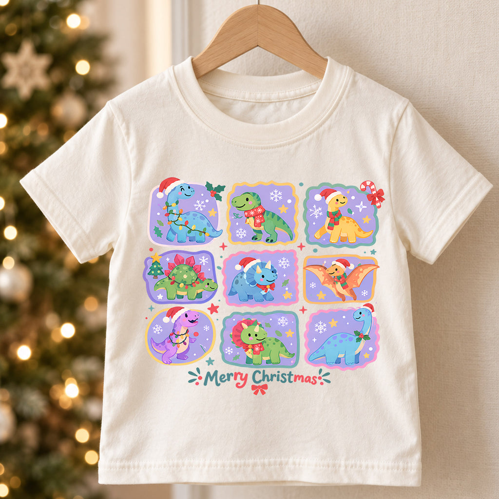 Merry Christmas Dinosaur Kids Shirt, Cute Dino Holiday Collage Tee, Santa Hat Dinosaur Outfit for Boys Girls, Christmas Gift for Kids — product view 5